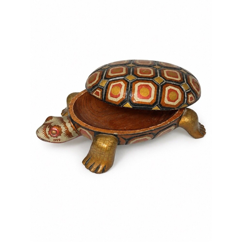 Large Vintage Hand Painted Carved Wood Turtle Trinket Box Gilt 9.5” Folk Art